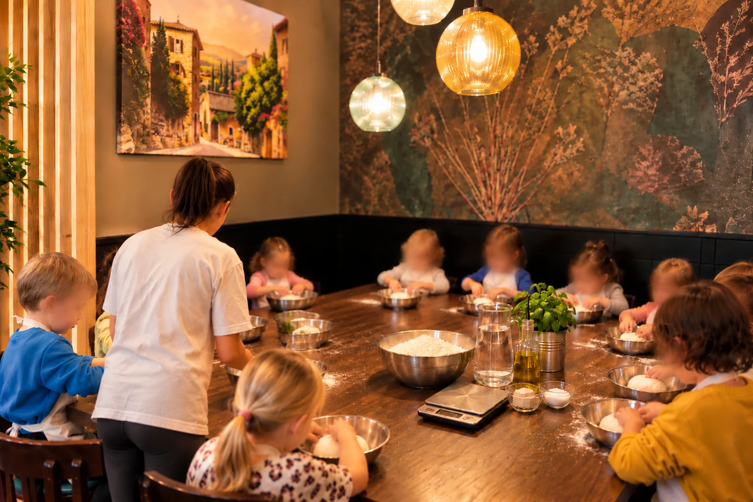 Gemeinsam Teig kneten am großen Tisch beim Kindergeburtstag in Tabie Neuhausen